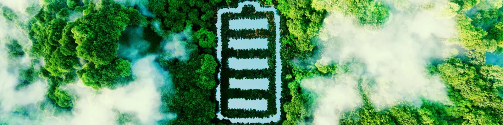 An aerial shot of a forest, with a battery shape edited out of the trees